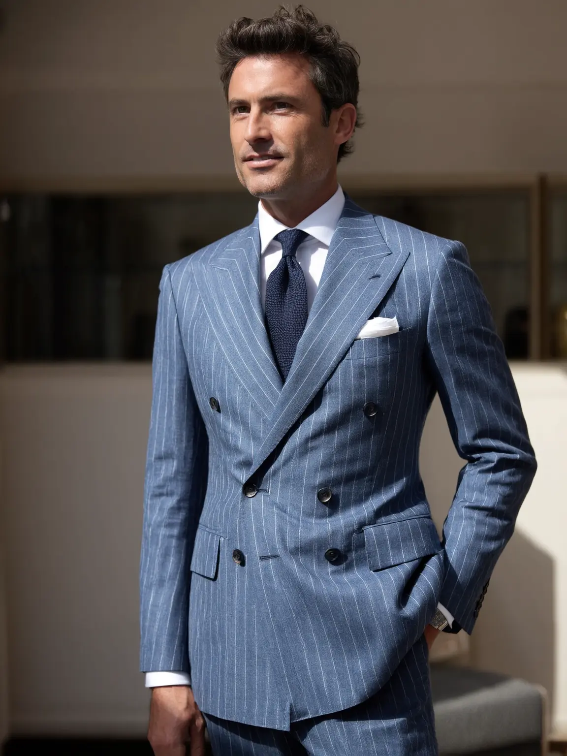 costume croisé rayures bleu clair sur mesure Paris